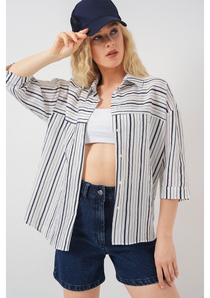 Kadın BDART Üç Çeyrek Kollu Şeritli Poplin Gömlek Lacivert