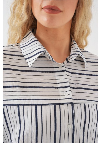 Kadın BDART Üç Çeyrek Kollu Şeritli Poplin Gömlek Lacivert