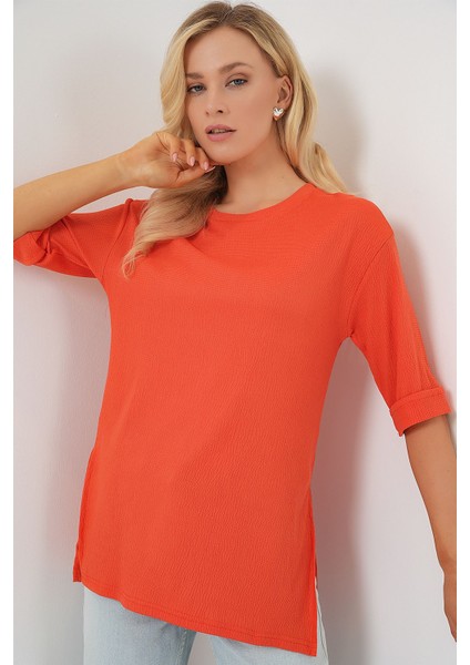 Kadın BDART Dokulu Uzun Kol Yaka Tişört Parlak Turuncu