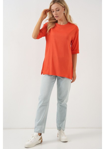 Kadın BDART Dokulu Uzun Kol Yaka Tişört Parlak Turuncu