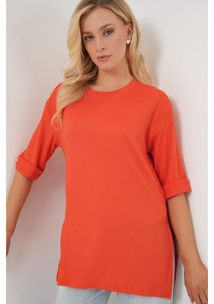 Kadın BDART Dokulu Uzun Kol Yaka Tişört Parlak Turuncu