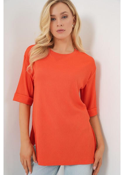 Kadın BDART Dokulu Uzun Kol Yaka Tişört Parlak Turuncu