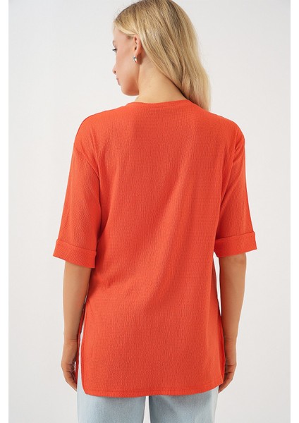 Kadın BDART Dokulu Uzun Kol Yaka Tişört Parlak Turuncu