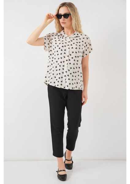 Kadın BDART Düğmeli Kapama Detaylı Baskılı Gömlek Krem Doğal