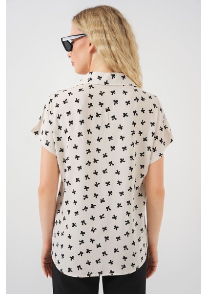 Kadın BDART Düğmeli Kapama Detaylı Baskılı Gömlek Krem Doğal