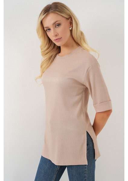 Kadın BDART Dokulu Uzun Kol Yaka Tişört Bej Doğal