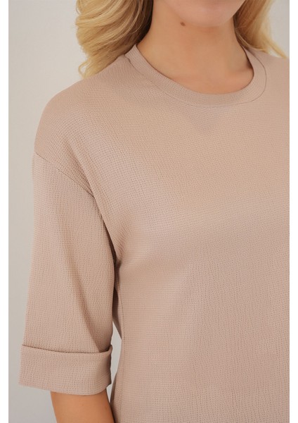 Kadın BDART Dokulu Uzun Kol Yaka Tişört Bej Doğal