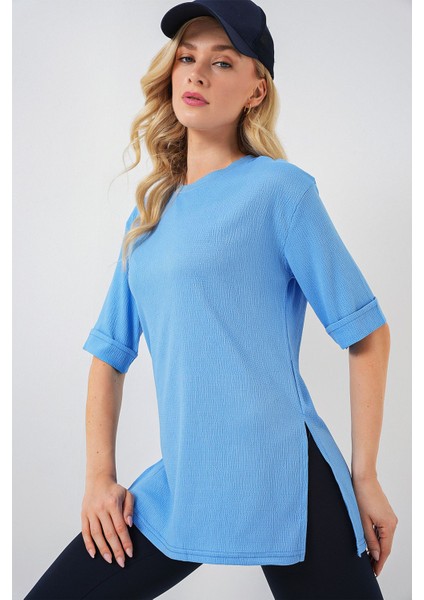 Kadın BDART Dokulu Uzun Kol Yaka Tişört Bebek Mavisi
