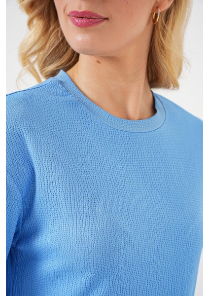 Kadın BDART Dokulu Uzun Kol Yaka Tişört Bebek Mavisi