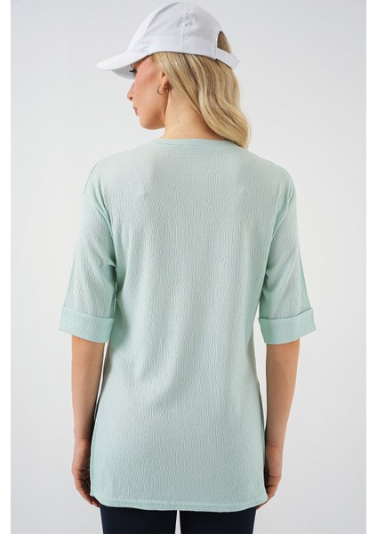 Kadın BDART Dokulu Uzun Kol Yaka Tişört Nane Yeşili