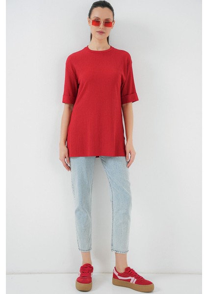Kadın BDART Dokulu Uzun Kol Yaka Tişört Red