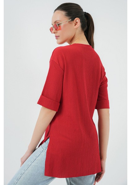 Kadın BDART Dokulu Uzun Kol Yaka Tişört Red