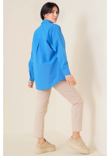 Kadın BDART Düğmeli Poplin Gömlek, Rahat Kesim Kobalt Mavisi