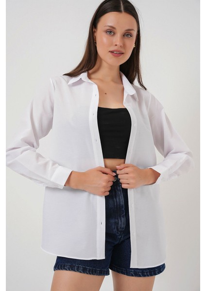 Kadın BDART Düğme Kapamalı Kapitone Poplin Gömlek Beyaz