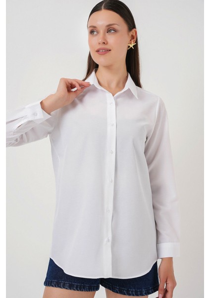 Kadın BDART Düğme Kapamalı Kapitone Poplin Gömlek Beyaz