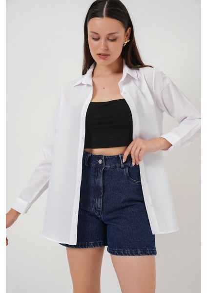 Kadın BDART Düğme Kapamalı Kapitone Poplin Gömlek Beyaz