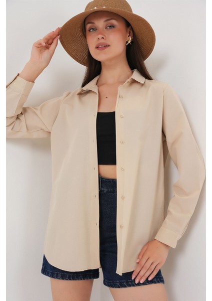 Kadın BDART Düğme Kapamalı Kapitone Poplin Gömlek Natural