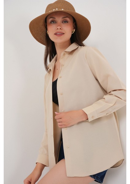 Kadın BDART Düğme Kapamalı Kapitone Poplin Gömlek Natural