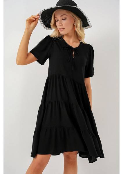 Kadın BDART Kemerli, Düğme Detaylı, Kısa Kollu Mini Elbise Black