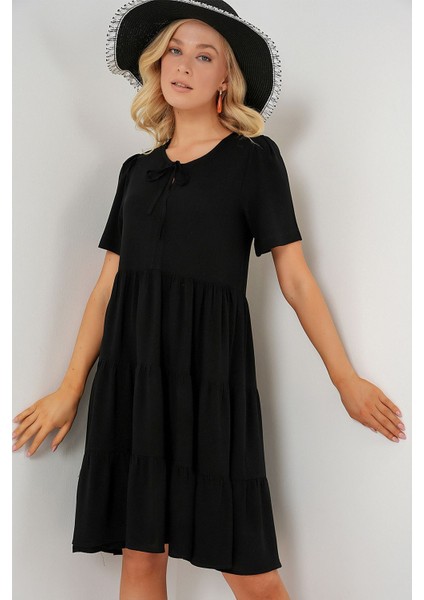 Kadın BDART Kemerli, Düğme Detaylı, Kısa Kollu Mini Elbise Black
