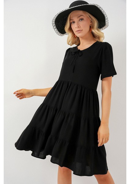 Kadın BDART Kemerli, Düğme Detaylı, Kısa Kollu Mini Elbise Black