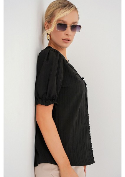 Kadın BDART Dokulu V Yaka Bluz Black