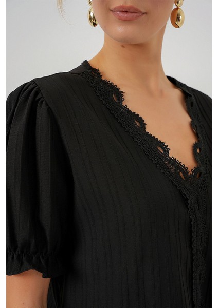 Kadın BDART Dokulu V Yaka Bluz Black