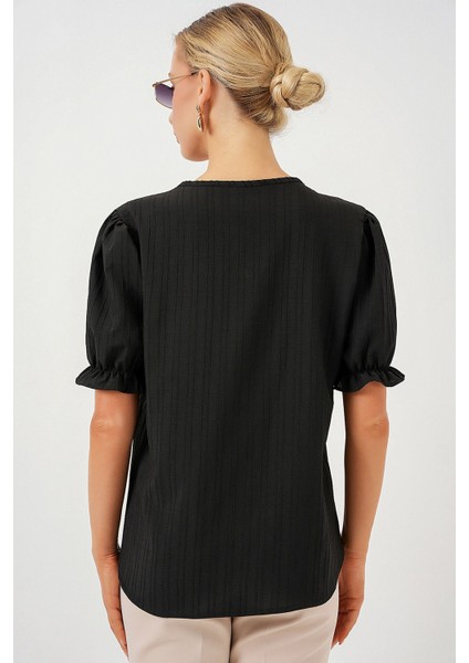 Kadın BDART Dokulu V Yaka Bluz Black