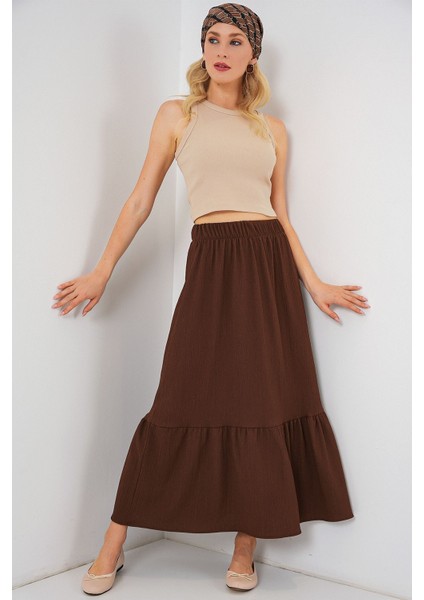 Kadın BDART Esnek Bel ile Dokulu Uzun Triko Etek Kahverengi