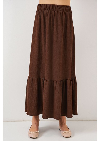 Kadın BDART Esnek Bel ile Dokulu Uzun Triko Etek Kahverengi