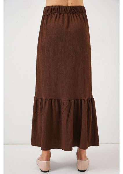 Kadın BDART Esnek Bel ile Dokulu Uzun Triko Etek Kahverengi
