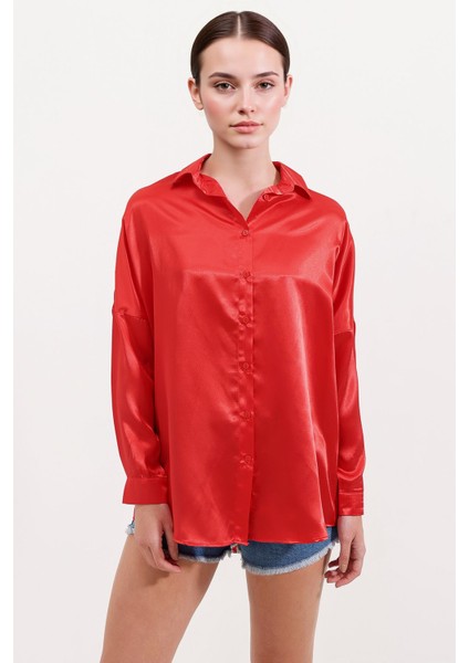 Kadın BDART Düğmeli Oversize Saten Gömlek Kırmızı indirimleri