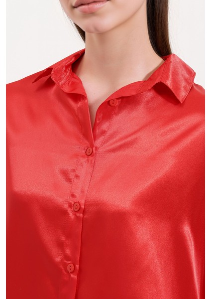Kadın BDART Düğmeli Oversize Saten Gömlek Kırmızı