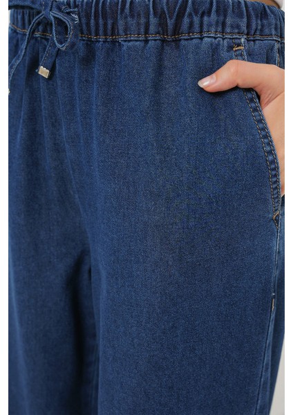 Kadın BDART Konforlu Geniş Paça Denim Jeanler Drawstring ile Lacivert