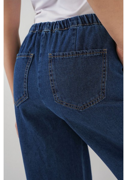 Kadın BDART Konforlu Geniş Paça Denim Jeanler Drawstring ile Lacivert