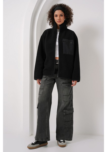 Kadın BDART Cep Detaylı Oversize Peluş Ceket Siyah