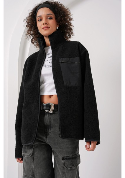 Kadın BDART Cep Detaylı Oversize Peluş Ceket Siyah