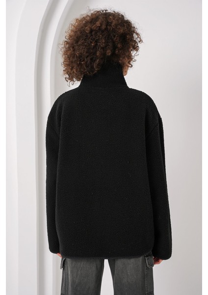 Kadın BDART Cep Detaylı Oversize Peluş Ceket Siyah