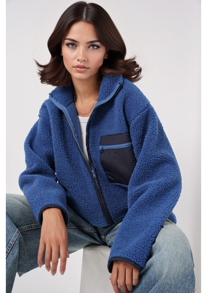 Kadın BDART Cep Detaylı Oversize Peluş Ceket Kobalt Mavisi