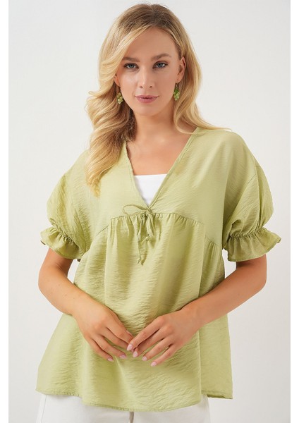 Kadın BDART Kemerli V Yaka Düğmeli Bluz Green