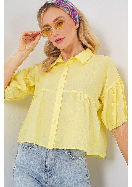 Kadın BDART Bol Kesim Düğmeli Kısa Gömlek Limon Sarısı