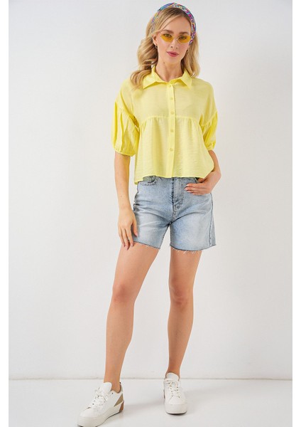Kadın BDART Bol Kesim Düğmeli Kısa Gömlek Limon Sarısı