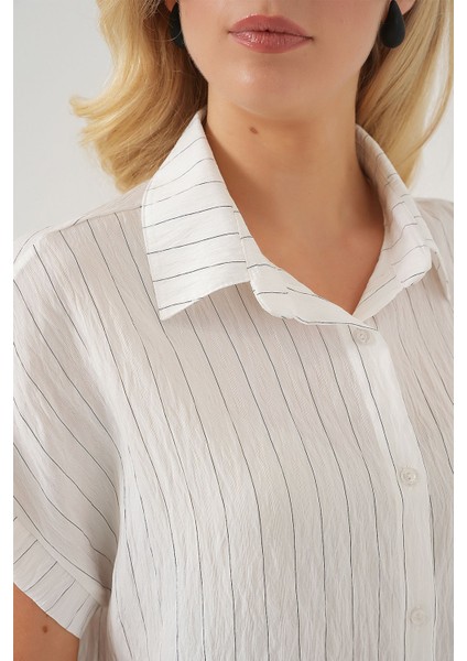 Kadın BDART Düğmeli Kapatmalı Çizgili Crop Gömlek White