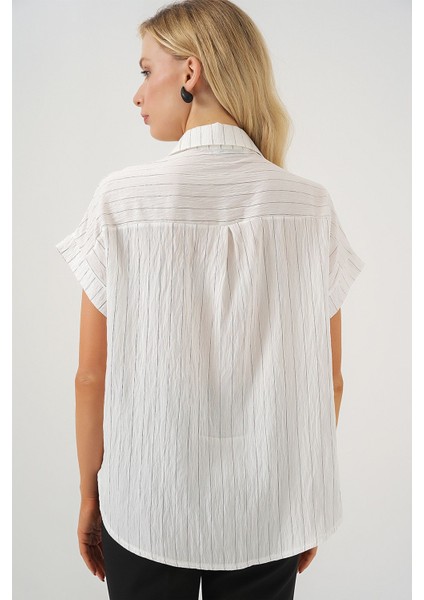 Kadın BDART Düğmeli Kapatmalı Çizgili Crop Gömlek White