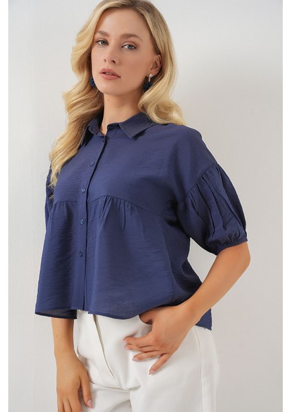 Kadın BDART Bol Kesim Düğmeli Kısa Gömlek Lacivert