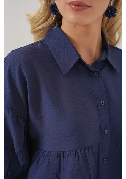 Kadın BDART Bol Kesim Düğmeli Kısa Gömlek Lacivert