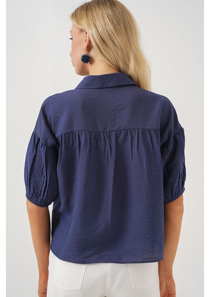 Kadın BDART Bol Kesim Düğmeli Kısa Gömlek Lacivert