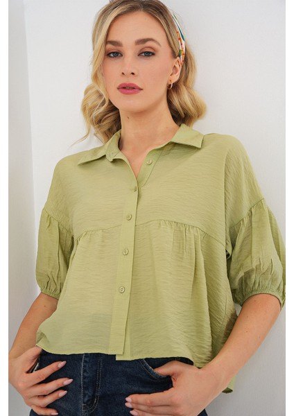 Kadın BDART Bol Kesim Düğmeli Kısa Gömlek Yeşil