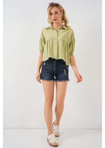 Kadın BDART Bol Kesim Düğmeli Kısa Gömlek Yeşil