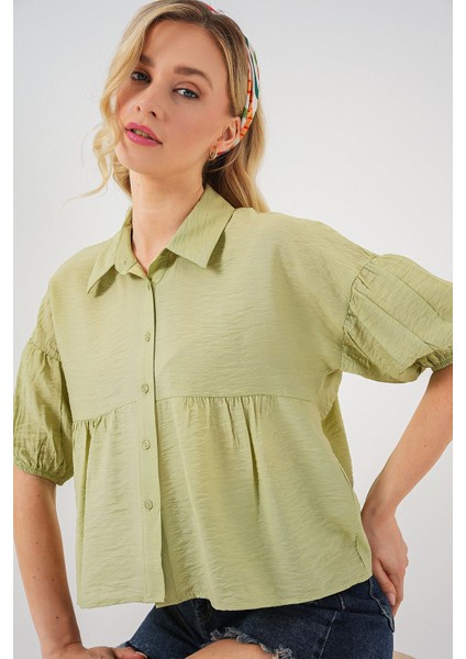 Kadın BDART Bol Kesim Düğmeli Kısa Gömlek Yeşil